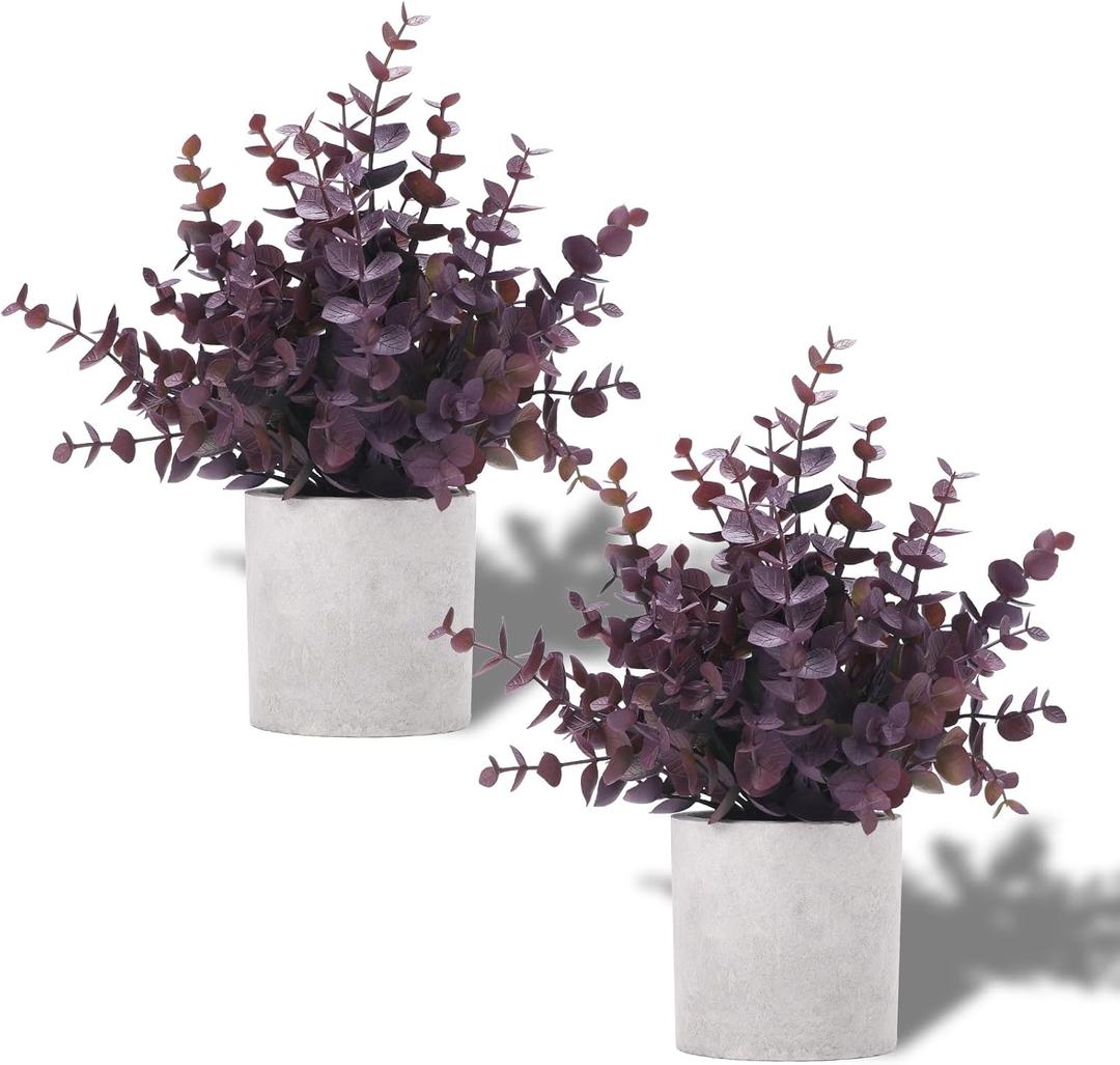 Coferset 2 Pack Small Fake Plants Eucalyptus Potted Artificial Plants Fall Decorations for Home Shelf Office Bathroom Desk Farmhouse Room Coffee Table Decor Halloween Decor (Plum)
