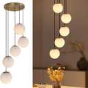 Modern Globe Cluster Chandeliers, 5-Light White Glass Pendant Light Multi Cluster Pendant Lighting Mid Century Chandelier for Living Room Staircase Foyer Entryway, Brass, 5 Lights | 1 Pack
