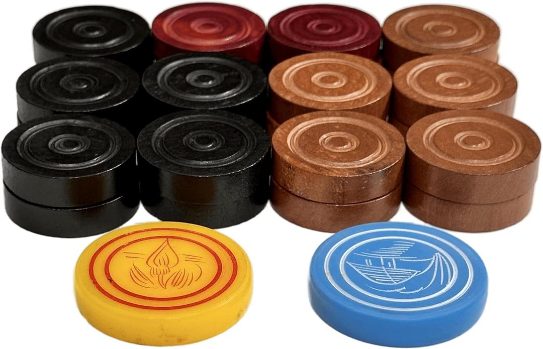 Professional Wooden Carrom Coins Set (8mm) International Champion Quality Tournament Grade Coins (24 Pcs) with 2 Strikers Included
