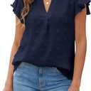 Blooming Jelly Womens White Blouse V Neck Ruffle Sleeve Flowy Shirts Dressy Casual Cute Summer Tops (Large, Navy Blue)