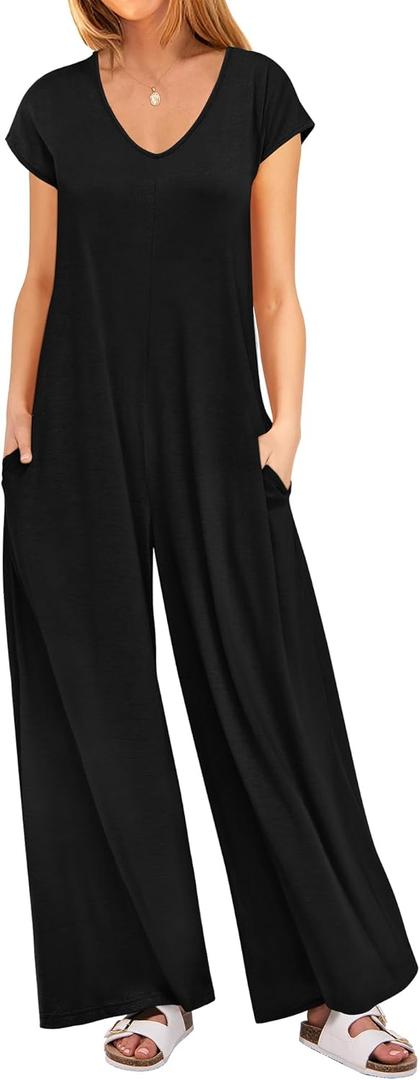 ANRABESS Jumpsuits for Women 2025 Summer Casual Loose Cap Sleeve Crewneck Wide Leg Rompers Jumper One Piece Beach Outfits (Small, Black)