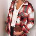 Women's Brushed Plaid Shirts Long Sleeve Flannel Lapel Button Down Cardigan Boyfriend Shacket Jacket Coats (Red, S)