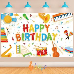 Music Note Banner Decorations for Kids - Happy Birthday Musical Instrument Themed Rock and Roll Party Backdrop for Boys and Girls Karaoke Party Supplies