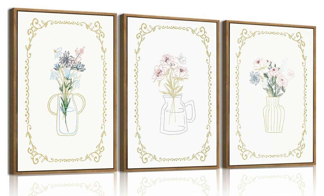 KISSFOX 3 Piece Floral Framed Wall Art Flower Pictures Wall Decor Wildflowers Canvas Wall Art Green Boho Botanical Paintings for Girly Room Bedroom Apartment Dorm Living Room