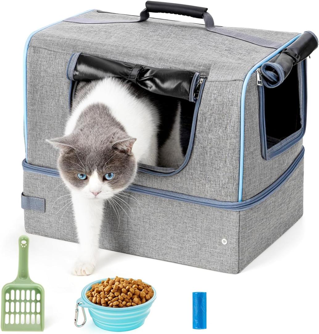 Cat Enclosed Travel Litter Box Kit with Lid Odorless Dustless, Lightweight Cat Portable Foldable Litter Box for Indoor and Car (Large)