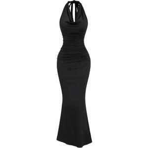 GORGLITTER Women's Backless Bow Halter Bodycon Fishtail Maxi Dress Cowl Neck Ruched Summer Graduation Long Sundresses (Black) S