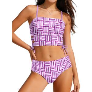 Girls Swimsuits Gingham Cut Out Drawstring Retro Bathing Suits 2 Piece Tankini Swimwear 9-16Y