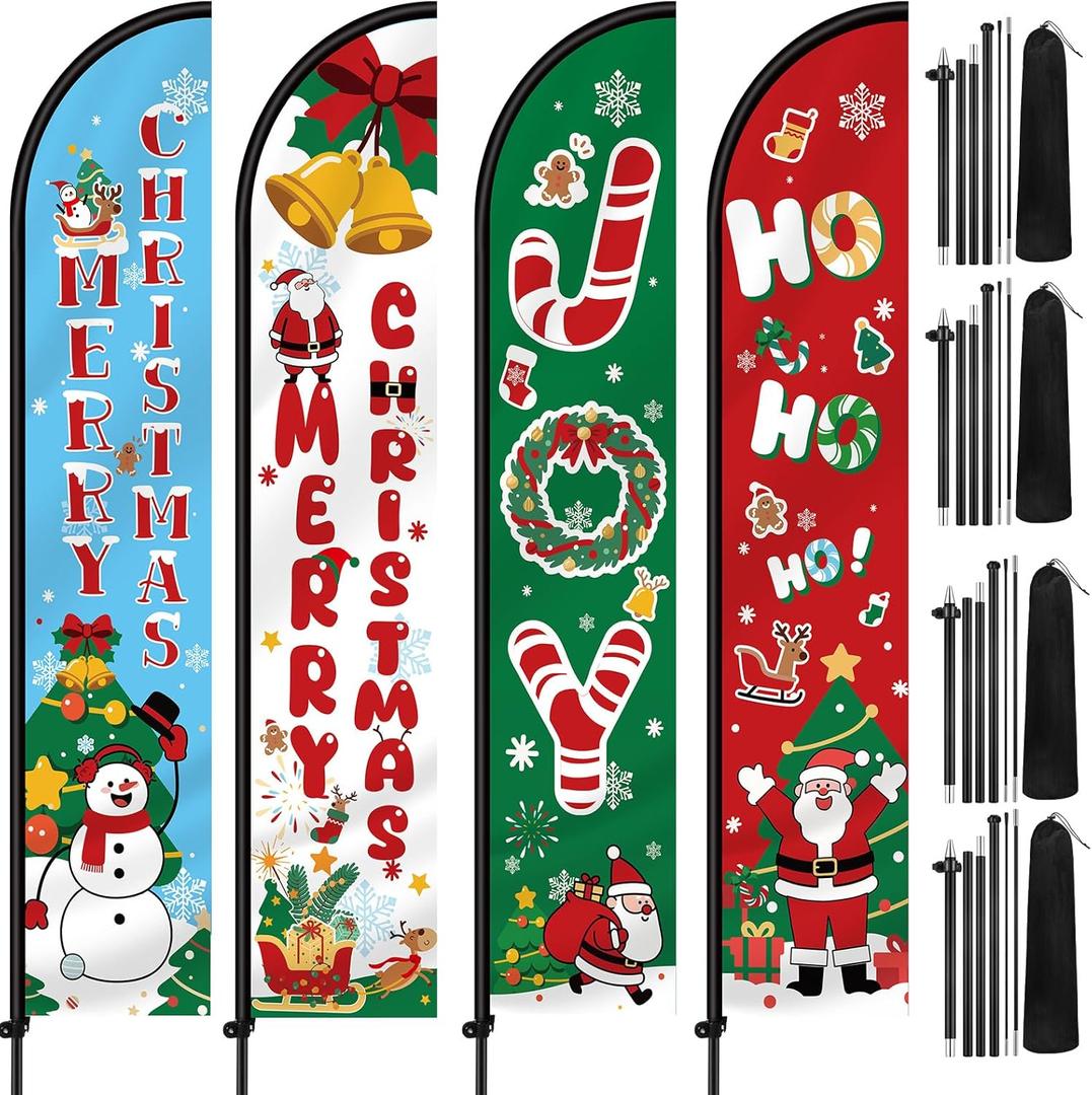 4 Pcs Christmas Feather Flag Set 12 ft Tall Merry Christmas Ho Ho Joy Banner Sign with Poles and Ground Spike for Xmas Holiday Decorations Outdoor Garden Shop Business Promotion