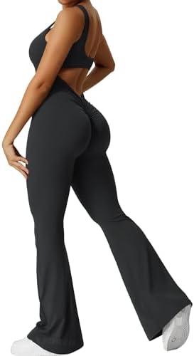 YEOREO Women Workout Scrunch Flare Jumpsuits Sexy Backless Butt Lift Gym Yoga Jumpsuits, Smal
