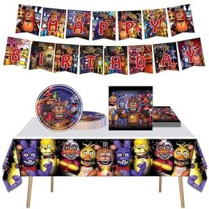 5 Nights Birthday Supplies, Freddy's Party Decorations include Banner, Tablecloth, Plates and Napkins for Teens Kids Adults Party Decor