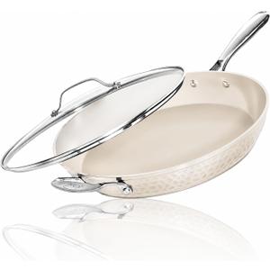 GOTHAM STEEL Hammered 14 Inch Large Nonstick Frying Pan with Lid, Cream