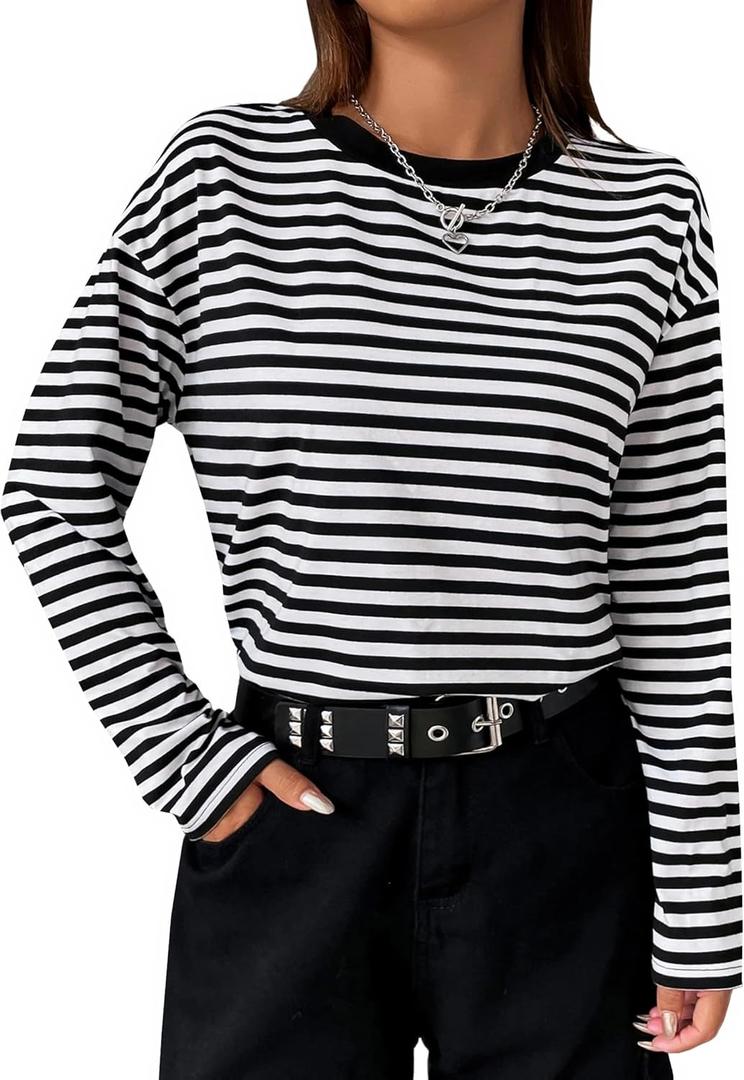 LilyCoco Womens Long Sleeve Striped Shirts Casual Color Block Crew Neck T Shirts Black Large
