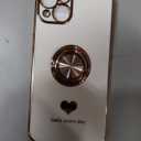 Compatible for iPhone 13 Case with 2 Pack Screen Protector, 360 Rotatable Ring Holder [Luxury Hearts Pattern] Plating Gold Edge Slim Soft Phone Cover Case for iPhone 13 - White