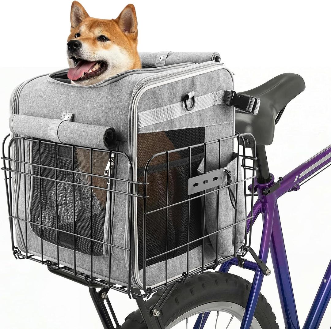 Foldable Dog Bike Rear Basket with Safety Leash & Padded Liner, Pet Carrier for Small to Medium Dogs & Cats up to 22 lbs, Quick-Install Rear Bicycle Carrier for Travel