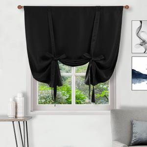 DWCN Tie Up Curtain-Thermal Insulated Room Darkening Blackout Curtains for Livingroom, Bedroom and Dining Room, Black, W42 X L63 Inches, 1 Rod Pocket Panel