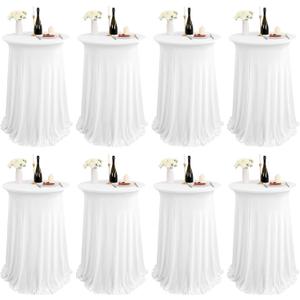 8 Packs Round Cocktail Table Skirt 32"x 43" Spandex Stretch Cocktail Tablecloth with Wavy Drapes, White Spandex Fitted High Top Table Covers for Wedding Bar Party Birthday Banquet Table