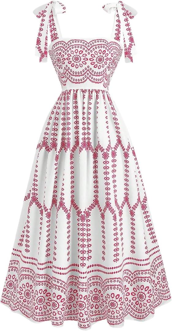 Floerns Women's Boho Floral Tie Shoulder Dress Straps Sleeveless Ruffle Hem Flowy Summer Vacation Midi Dresses (Pink, M)
