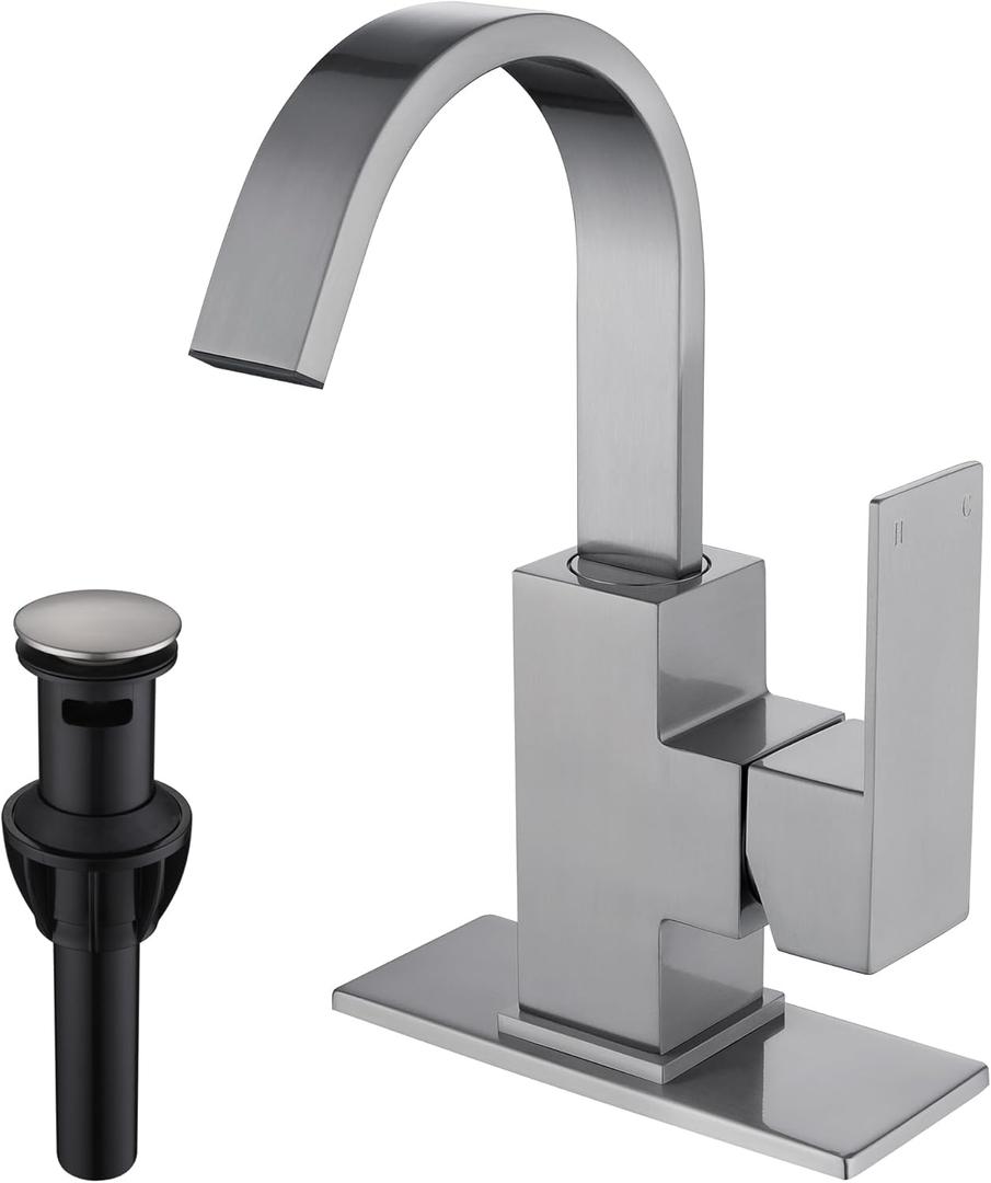Brushed Nickel Bathroom Faucet with 360 Degree Swivel Spout Waterfall Faucet for Bathroom VanitySingle Hole Bar Sink Faucet with Hose and 6 "Deck Plate