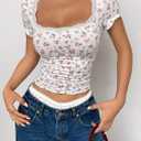 Women Y2k Ditsy Floral Lace Trim Crop Tops Yellow Cute Scoop Neck Tight Fitted Short Sleeve T Shirts Going Out (L)