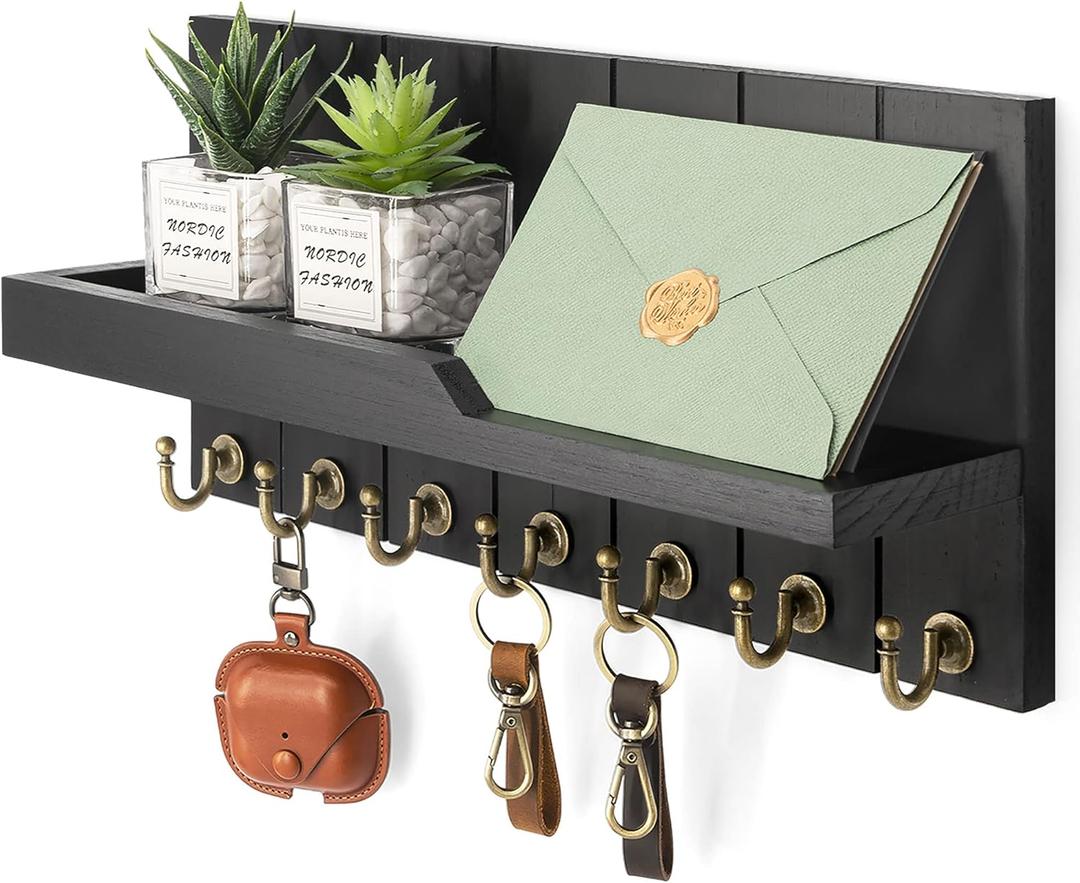 Rebee Vision Decorative Key and Mail Holder for Wall - Farmhouse 15 Inches Floating Shelf with 7 Sturdy Key Hooks for Home Entryway Wall Decor - Rustic Key Racks (Black,15-inch)