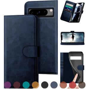 for Google Pixel 8 Pro Genuine Leather Wallet case RFID Blocking4 Credit Card HolderReal Leather Flip Folio Book Phone case Protective Cover Women Men for Pixel 8Pro case Dark Blue