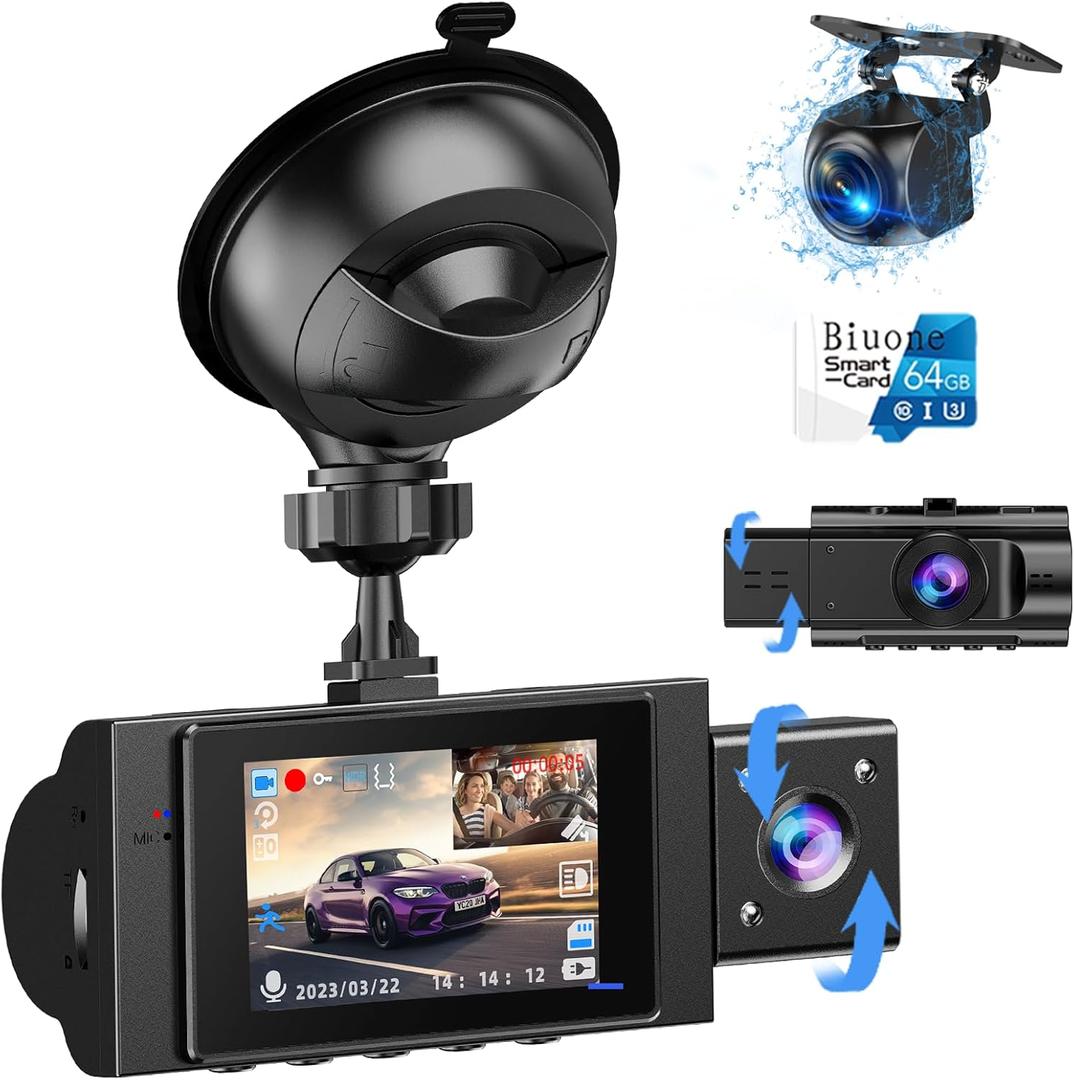 3 Channel Dash Cam Front and Rear Inside with 64GB SD Card, 1080P+720P+720P Car Dash Camera for Cars Front and Rear, Dashcam with G-Sensor, Loop Recording, 24H Parking Mode, Night Vision