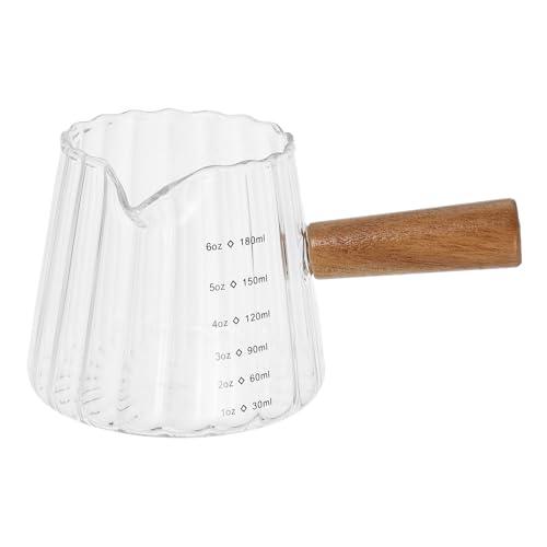 Kichvoe Espresso Shot Glass with Wood Handle - Glass Coffee Milk Creamer - Frothing Pitcher Creamer Jug, 180ML/6 OZ Pourer Baking Measuring Cup for Coffee Milk Tea Syrup