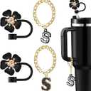 Straw Covers for Stanley Cup Accessories: Black Decorations for Stanley 30 oz & 40 oz Tumbler with Handle, Bling Letter Charms and Flower Silicone Straw Cap Topper, Trendy Stuff for Teen Girls & Women