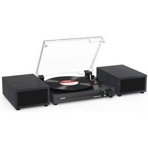 Vinyl Record Player with External Speakers BT 5.3 Wireless Turntable Portable with 3 Speed USB Vintage Wooden Black