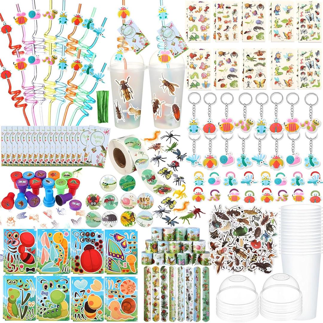 Poen 172 Pcs Insects Party Favors Bugs Birthday Party Favors Include Cup Straw Stamp Clap Bracelet Keychain Ring Puzzle Sticker Animal Miniature Card for Classroom Rewards Gifts Goody Bag Stuffer