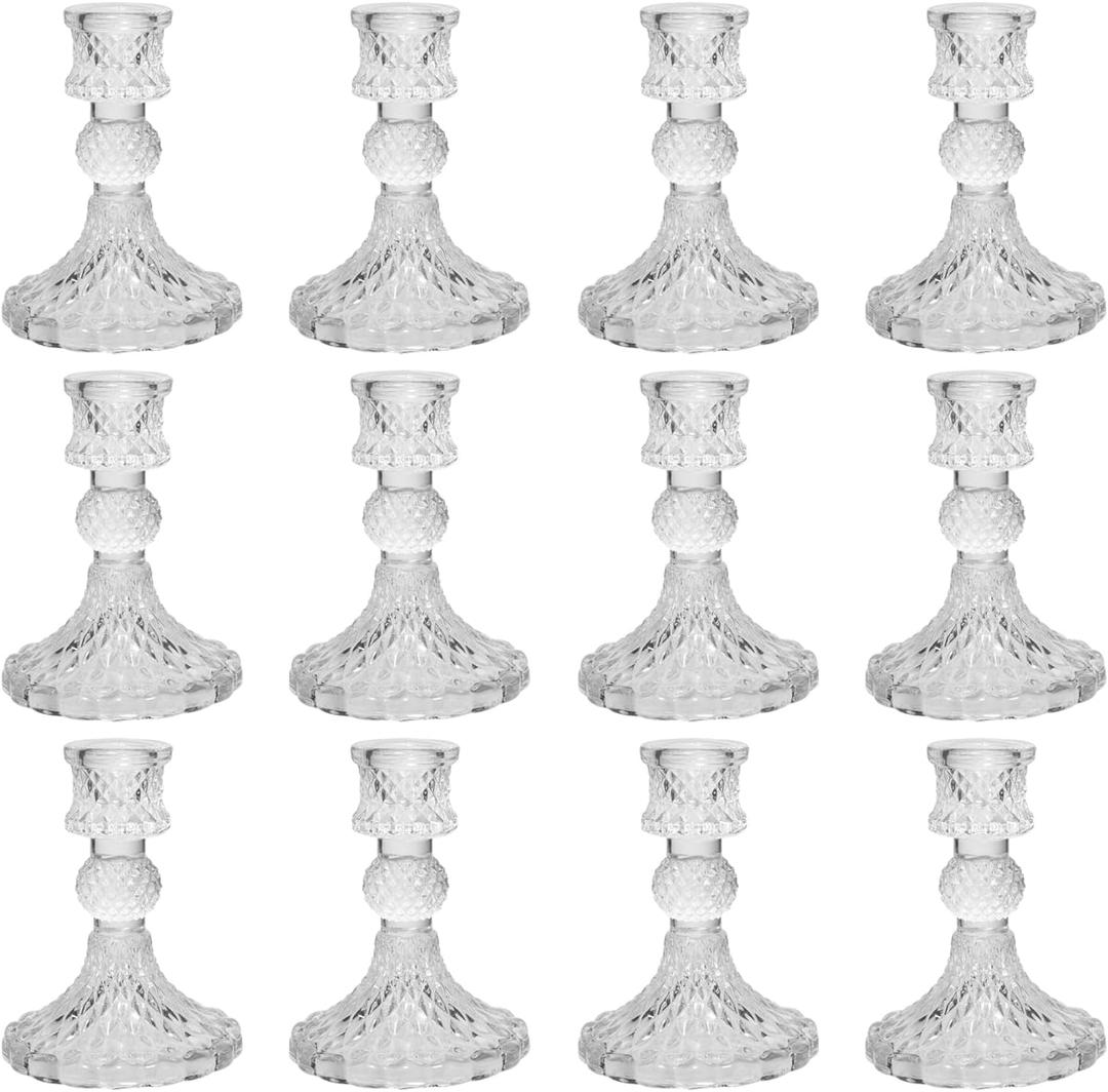 Glass Taper Candle Holders,12 Pcs Clear Candlestick Holders,4''H Tall Glass Tapered Candle Stick Holders in Bulk for Wedding Festival Party Decor,Table Centerpieces (Dimond Pattern)