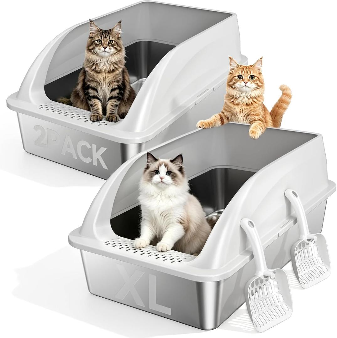 Stainless Steel Litter Box 2 Pack, XL Extra Large Cat Litter Box with High Sides & Anti-Leak, Jumbo Metal Litter Pan for Multi-Cat Homes, Non-Stick Easy Clean Odor Control for Big Cats