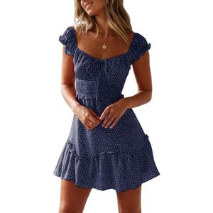 Valphsio Womens Smocked Dress Ruffle Floral Tie Front Boho Short Dresses (X-Large, Navy)