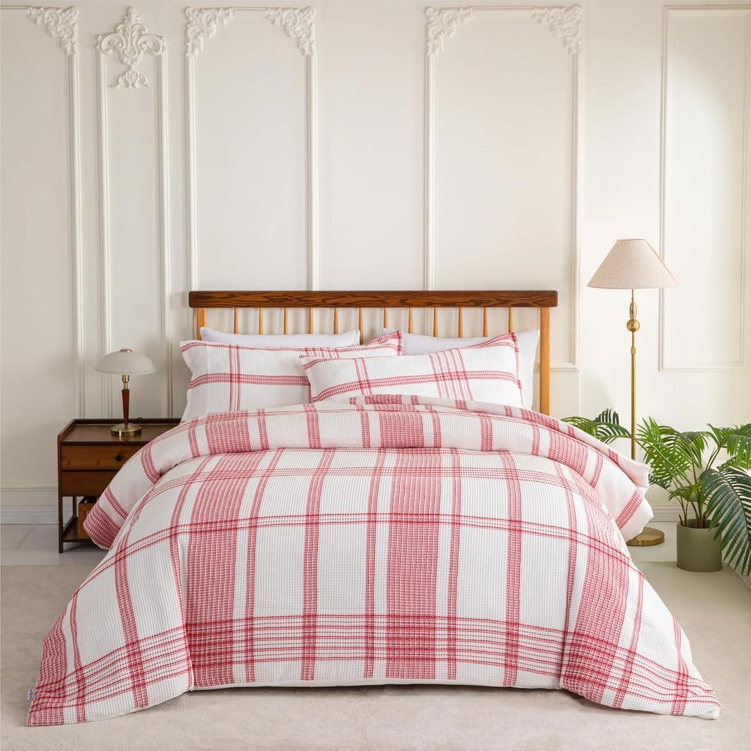 Sophia & William Cotton Comforter Cover Set Twin Size, Waffle Weave White Duvet Cover Set 2 Piece, White + Red