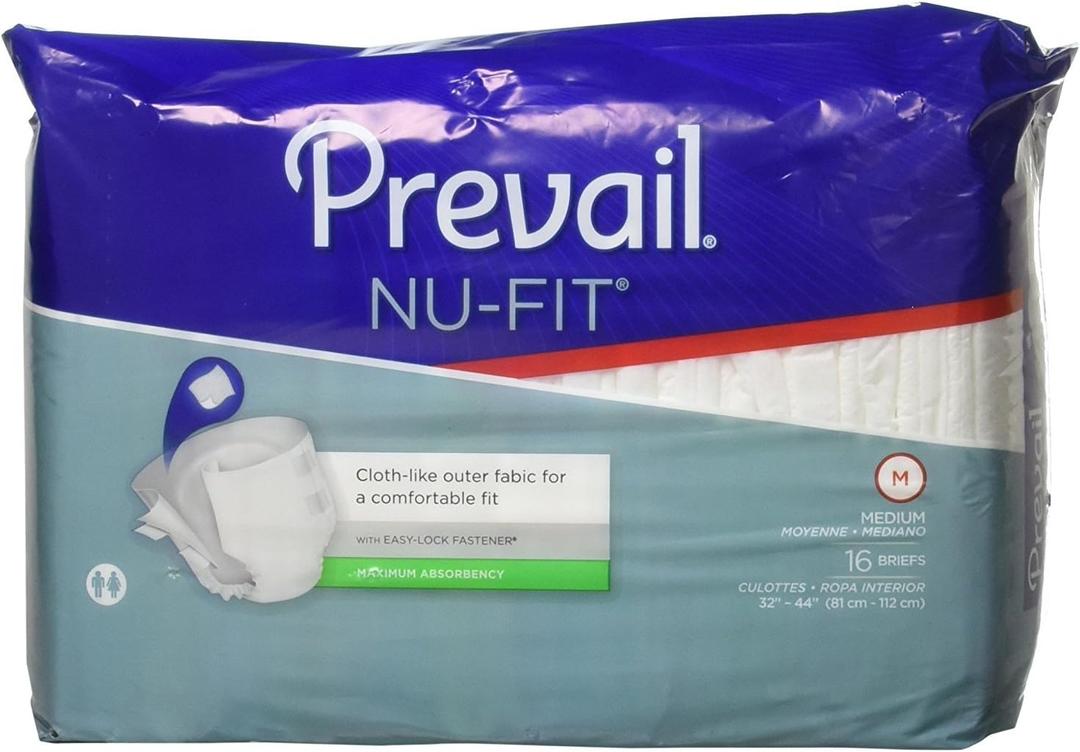 Prevail Nu-Fit Incontinence Briefs, Unisex Disposable Adult Diapers with Tabs for Men & Women, Maximum Absorbency, Medium, 16 Count Bag