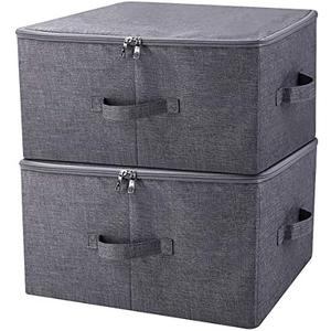 2Pcs Fabric Folding Washable Wardrobe Clothes Storage Baskets with Zip Lid | cabinets, shelves, attics, or atop closets organizer,17.6×13.6×9.7", Space Saving, breathable linen, sturdy plastic boards