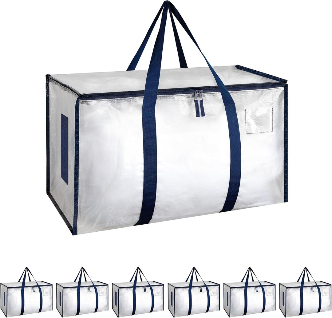 Simple Deluxe 6 Pack Extra Large Moving Bags with Lids, Reinforced Handles and Zippers, Heavy Duty Storage Tote for Moving Travel Camping Space Saving, White (Clear)