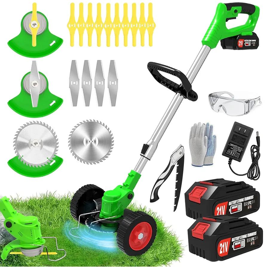 Weed Wacker Cordless Electric Eater Battery Powered, 21V Lightweight No-String Weed Trimmer with 2 Battery Operated & Wheels, 3 in 1 Stringless Grass Trimmer/Edger/Brush Cutter for Garden Yard Lawn