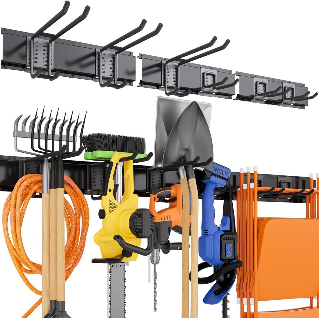 INCLY Garden Tool Organizer, 48 Inch Garage Tool Organizer Wall Mount Load 390lbs, Heavy Duty Garage Wall Organizer with 3 Storage Racks and 6 Adjustable Hooks for Yard Tools, Shovels, Rakes