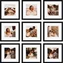 BSRHOME 12x12 Picture Frame Set of 9, Display Pictures 8x8 with Mat or 12x12 without Mat, Multi Collage Gallery Square Photo Frames for Wall or Tabletop, Black