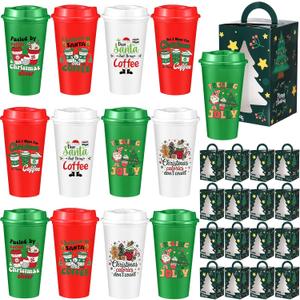 Mimorou 12 Set Christmas Coffee Cups Gifts 16 oz Reusable Coffee Cup with Lids and Gift Bags, Plastic Christmas Mugs Set of 12 Xmas Party Holiday Gifts for Teachers Coworker Nurse