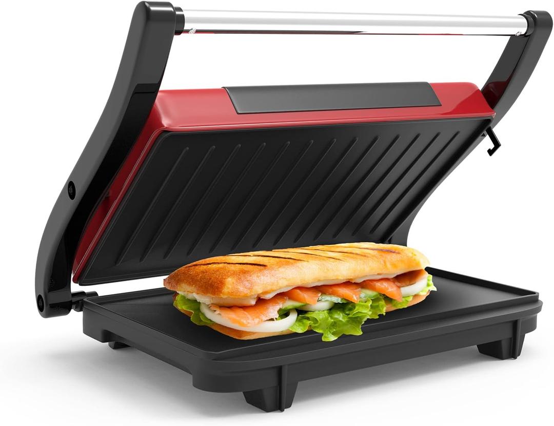 Chef Buddy Gourmet (Red) Panini Press  Sandwich Maker with Nonstick Plates  Indoor Countertop Cooking Burgers, Steak, Grilled Cheese, 9.5" x 10.5" x 3