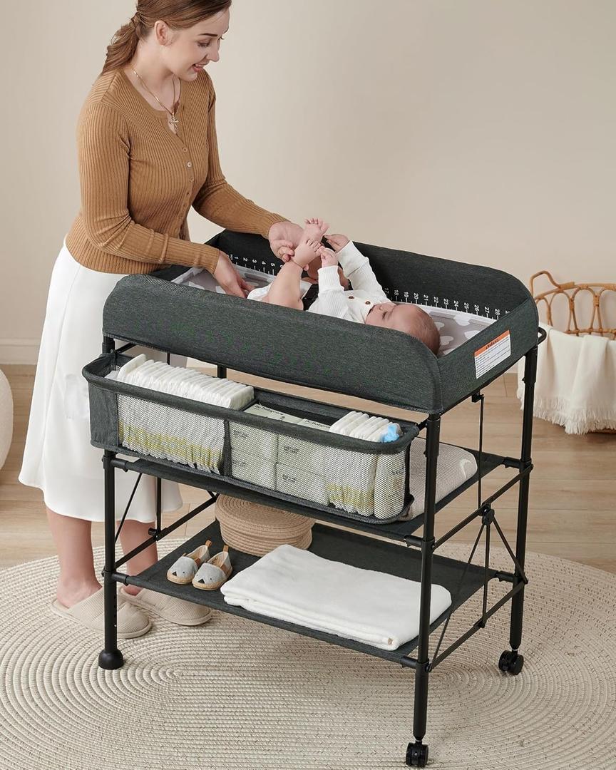 BEKA Diaper Changing Station, Portable Changing Table for Baby, Waterproof, Folding Portable Changing Station, Adjustable Height w/Organizer, Mobile Nursery Diaper Changing Table for Baby, Newborn (Dark Gray)