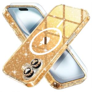 Choiche for iPhone 16 Case Magnetic, Women Clear Glitter Bling Sparkly Case, [2xDiamond Camera Lens Protectors] [2xTempered Glass Screen Protectors] [Compatible MagSafe] 6.1" (Glitter Gold)