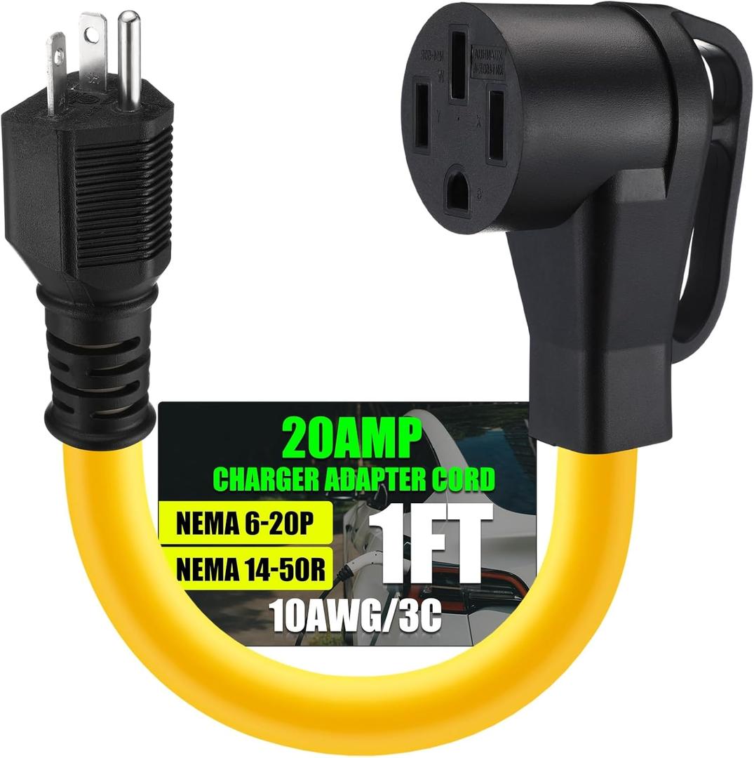 Tellegloww NEMA 6-20P to 14-50R EV Charger Adapter Cord 20 Amp to 50 Amp EV for Level 2 Charging 3 Prong Male to 4 Prong Female Power Cord Only for EV Charger, STW 10 AWG/3C, 1FT, ETL Listed