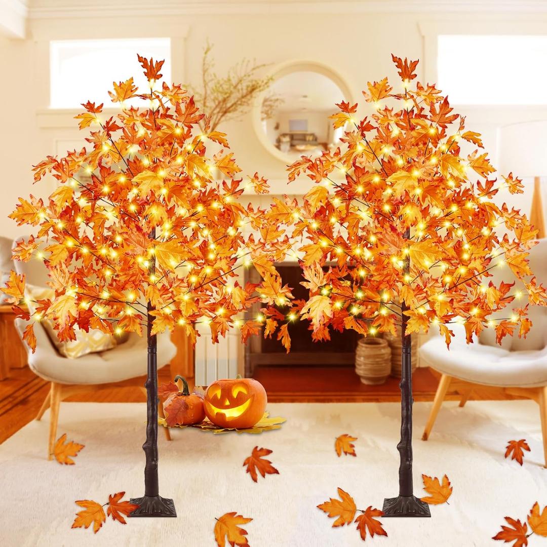 2Pack 6FT 300LED Artificial Lighted Maple Tree, Fall Decorations for Home, Timer Function Prelit Fall Decor Maple Tree with Warm White Light for Indoor Outdoor Harvest Halloween Thanksgiving Day