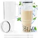 Glass Cups with Lids and Straws 40 oz Glass Tumbler with Straw and Lid 2 Pack Glass Tumbler with Handle Wide Mouth Iced Coffee Cups for Smoothies, Soda, Tea, with Acrylic Lids