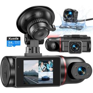 Dash Cam Front and Rear Inside, 1080P 3 Channel Dash Camera for Cars with 64GB Card, Super Night Vision Dashcam, Car Camera with Loop Recording, G-Sensor, WDR, 24H Parking Monitor