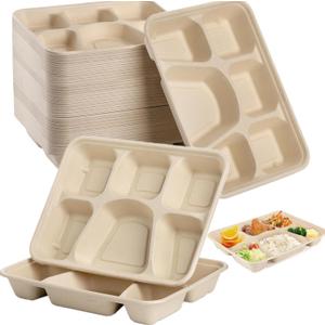 50 Pack 6 Compartment Disposable Plate, Heavy Duty Divided Paper Plates for Dinner, Microwavable Freezer Safe School Food Lunch Platter Tray for Party Dinner Buffet