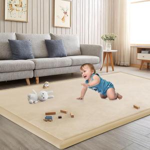 Baby Play Mat for Floor Nursery Rug Muscle Mat Area Rug Playroom Rug Playpen Mat Elastic Foam 1.3" Thick Crawling Mat for Babies,Toddlers, Infants, Kids 79"x118",A Beige